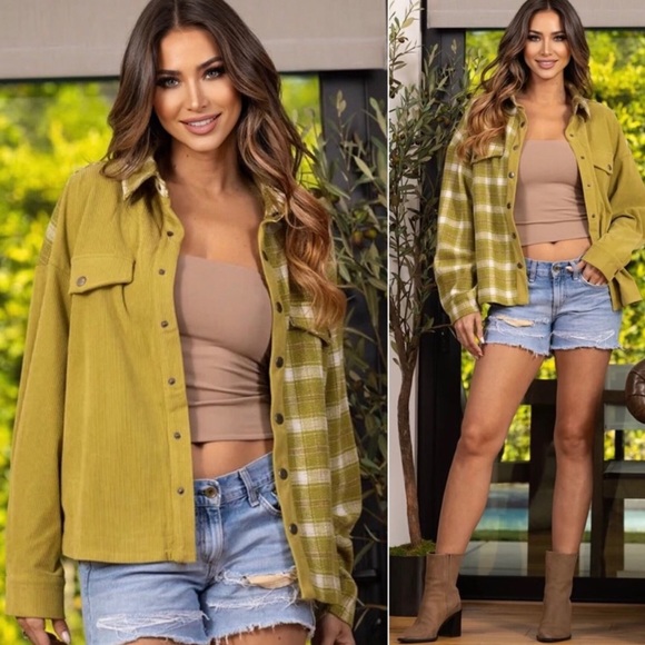 New! Clearance 🎉Plaid plaid flannel kiwi corduroy medium weight Shacket - Picture 2 of 2